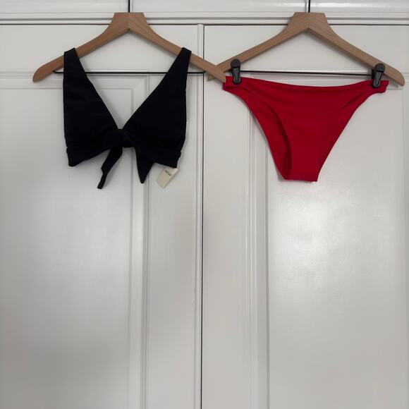 Aerie Bikini Swimsuit Triangle Top Tie Back Cheeky Bottom Black Red Bra Padding - Picture 1 of 16